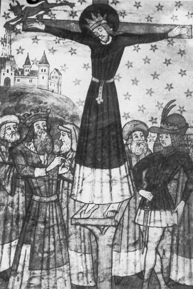 Kreuzigung der heiligen Wilgefortis, 1446/1455, fotografiert um 1910, in der Evangelischen Kirche Sankt Nikolai in Rostock