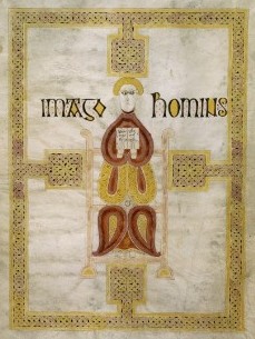 Matthäus, Titelseite des Matthäus-Evangelium im Willibrord-Evangeliar, um 800 wohl in Iona oder Lindisfarne entstanden, heute in der Bibliothèque Nationale de France in Paris
