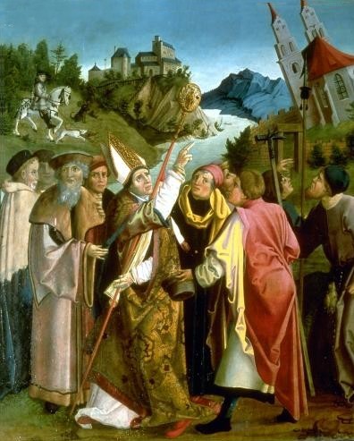 Altarbild: Als die Abordnung ihn bat, nach Regensburg zu seinem Bischofssitz zurückzukehren, wollte die Kirche, die Wolfgang gebaut hatte, ihn begleiten. Um 1518, in Grades in Kärnten
