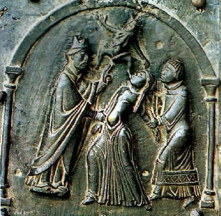 Zeno befreit die Tochter von Kaiser Gallienus von bösen Geistern. Bronzetür der Kirche San Zeno in Verona, Ende des 11. Jahrhunderts (?)