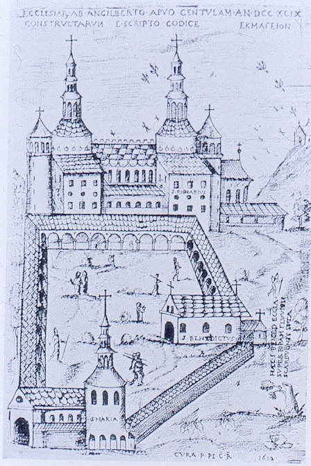 Abtei Saint-Riquier in Centula in Centula - dem heutigen Saint-Riquier -, Stich aus dem Jahr 1612, nach einer Miniatur aus dem Jahr 1299