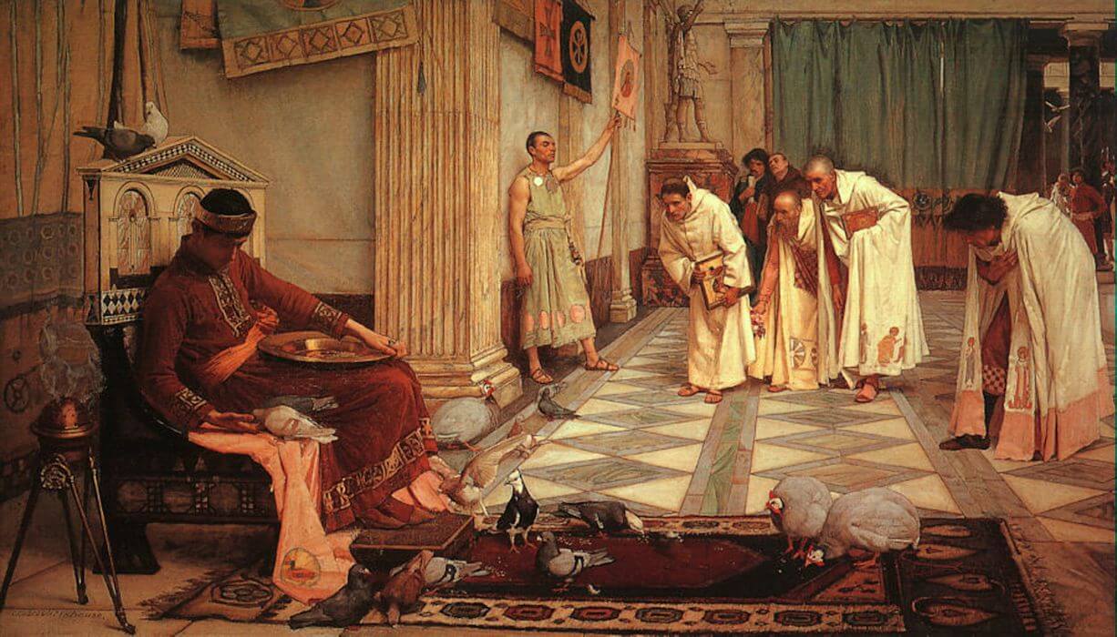 John William Waterhouse: Honorius und seine Hühner, 1883, in der Art Gallery of South Australia in Adelaide