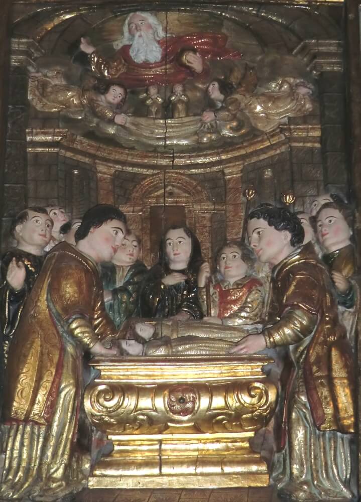 Llàtzer Tremullas: Abdo und Sennis werden in den Sarg gelegt, 1647, Detail aus dem Altar in der Abdo und Sennis geweihten Kapelle in der Kirche in Arles-sur-Tech