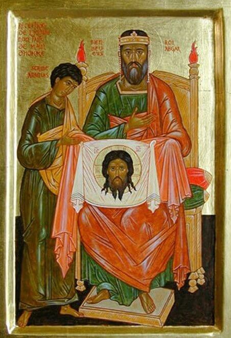 moderne Ikone: Abgar mit dem wahren Bild Christi, überreicht durch Judas Thaddäus