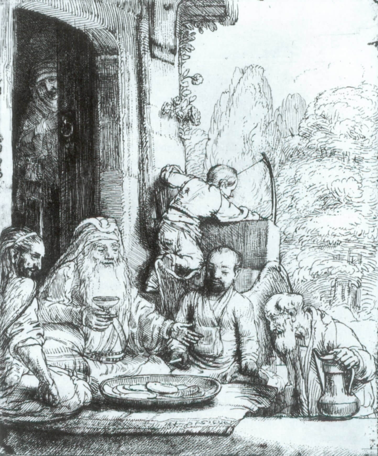 Rembrandt Harmensz van Rijn: Abraham bewirtet die drei Engel, Radierung, 1656, in der Sammlung J. de Bruijn