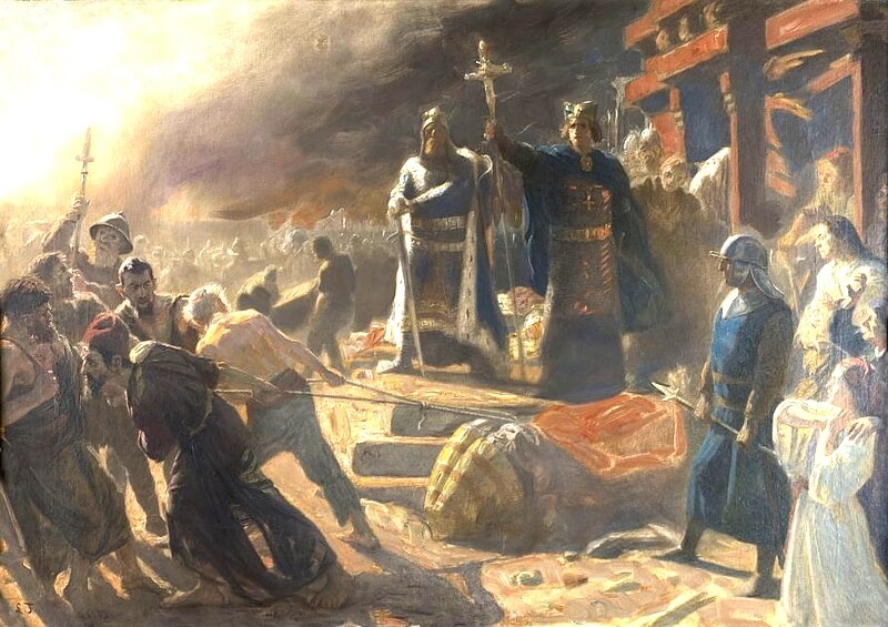 Laurits Regner Tuxen: Absalon (mit Kreuz) und König Waldemar I. (mit Schwert) stürzen am Kap Arkona auf Rügen den Götzen Svantevit, den Kriegs- und obersten Gott der Wenden, um 1890, Wandgemälde im Schloss Frederiksborg in Hillerød