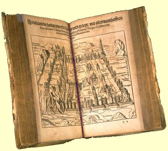 Reusners Werk 'Jerusalem, die alte Haubtstat der Juden' erschien 1563 in Frankfurt als Beschreibung des heiligen Landes für Bibelkundige und Wallfahrer mit einem der ersten Holzschnitte, die Jerusalem abbilden