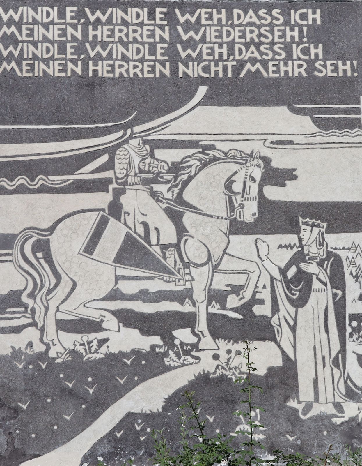 Wandbild: Adelindis beweint ihren Mann, an der „Plankentalkapelle” bei Bad Buchau