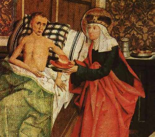 Agnes pflegt einen Kranken. Kreuzherren-Altar von 1492, heute in der Nationalgalerie in Prag
