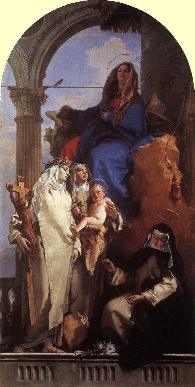 Giovanni Battista Tiepolo: Maria erscheint Katharina von Siena (links), Rosa von Lima, die das Jesuskind auf dem Arm hat, und Agnes (rechts), 1747/48, in der Jesuitenkirche Santa Maria del Rosario in Venedig