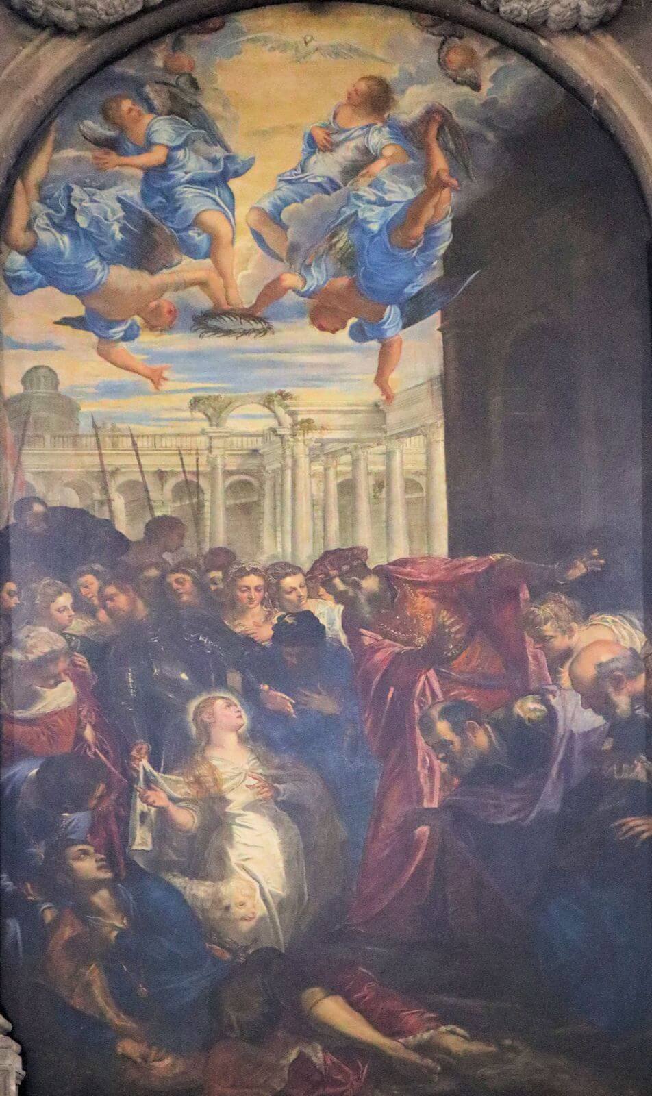 Tintoretto: Die Vision der Jungfrauen mit Agnes und des Lammes, um 1577, Altarbild in der Kirche Madonna dell'Orto in Venedig