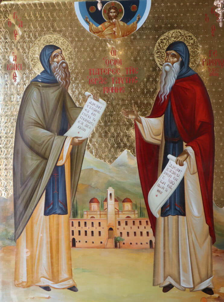 Akakios (links) und Gerasimos von Byzanz, Ikone im Katholikon des Klosters Agia Triada