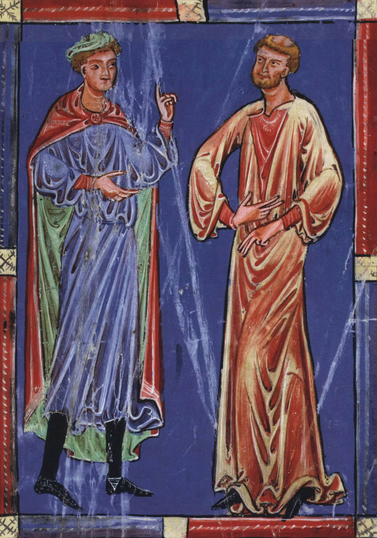 Alanus (rechts) im Gespräch mit dem Pariser Theologen Petrus Cantor, um 1235 für die Benediktinerabtei Ottobeuren, in der British Library in London
