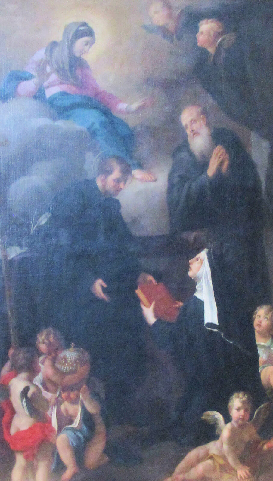 Pier Leone Ghezzi: Alexius (links) und Philippus Benitius übergeben Juliana Falconieri das Regelbuch der Serviten, 1725, in der Kirche San Marcello al Corso in Rom