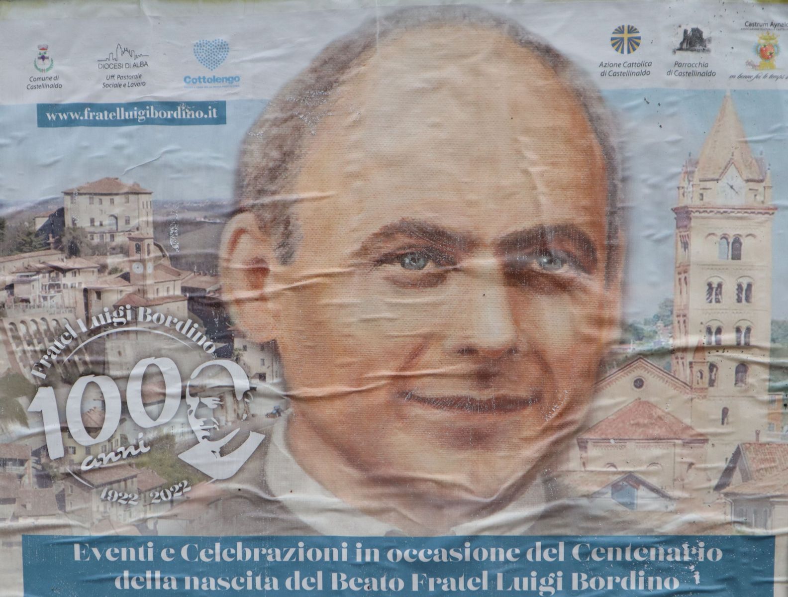 Plakat in Castellinaldo zur Feier des 100. Geburtstages von Aloisius (von Maria) vom Trost Bordino