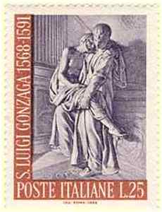 Aloisius von Gonzaga bringt einen Kranken ins Hospital. Briefmarke der italienischen Post zum 400. Geburtstag 1968, nach einer Skulptur von Pierre Legros am Hospital Santo Spirito in Sassia in Rom