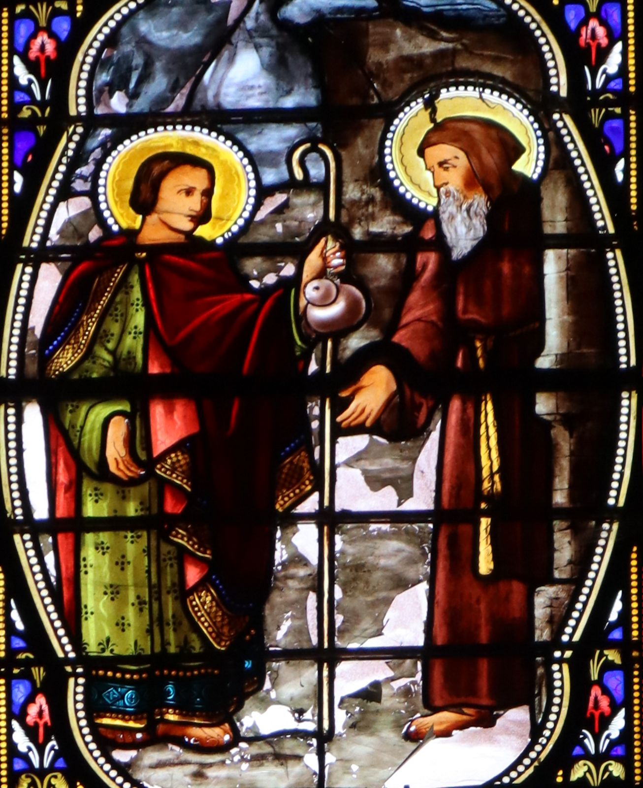 Glasfenster: Junianus vorr Amandus' Zelle, in der Kirche des ehemaligen Klosters Saint-Junien in Saint-Junien
