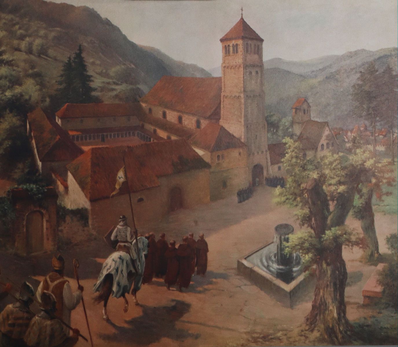 Visualisierung des ehemaligen Klosters auf einer Infotafel an der Pfarrkirche in Saint-Amarin