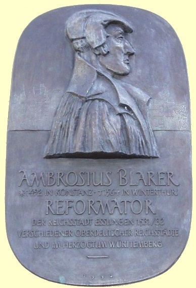 Gedenktafel am Evangelischen Gemeindehaus am nach Blarer benannten Platz in Esslingen