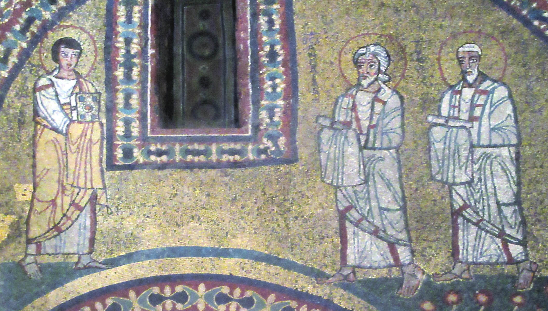 Mosaik: Johannes (links), Andreas (Mitte) und Jakobus „der Ältere”, um 820, in der Zeno von Rom geweihten Kapelle der Basilika Santa Prassede in Rom