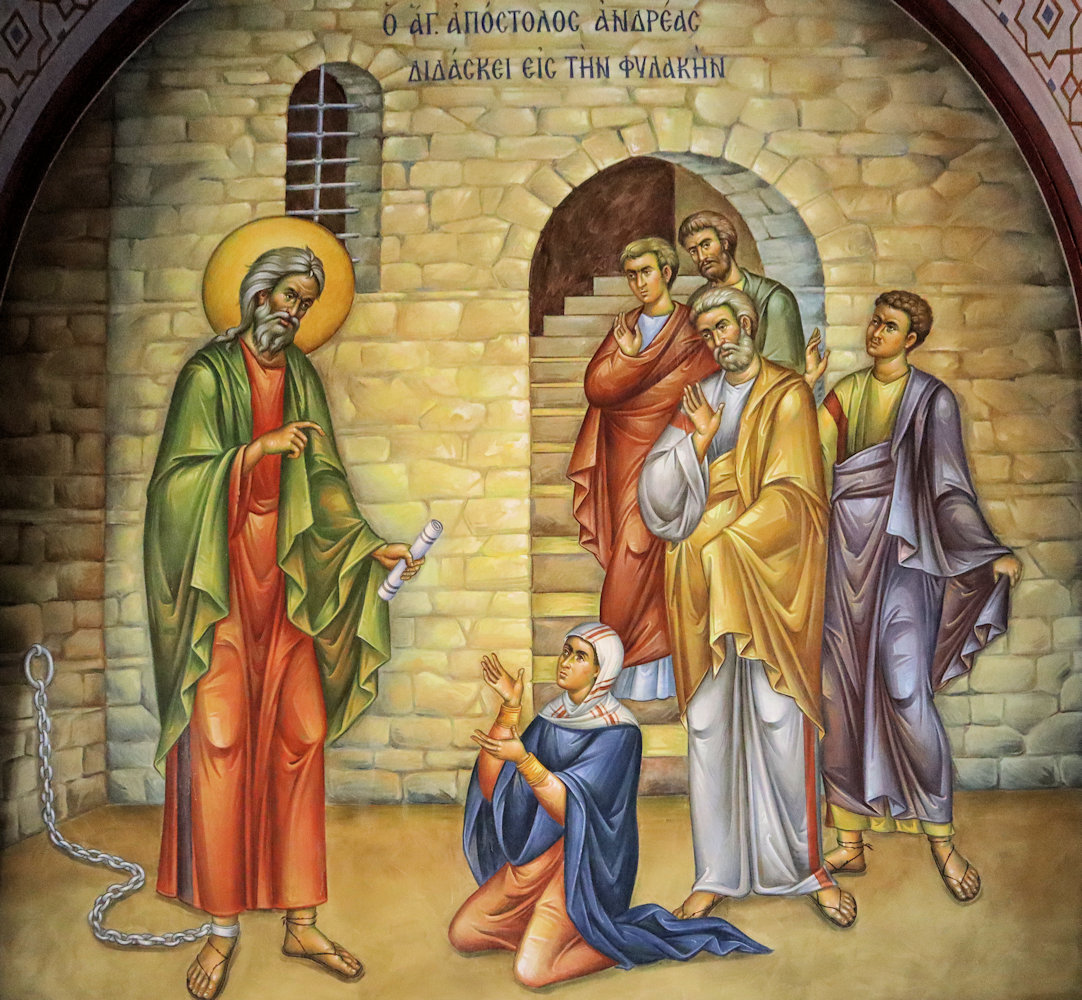 Mosaik: Andreas predigt im Gefängnis, in der Andreaskathedrale in Patras