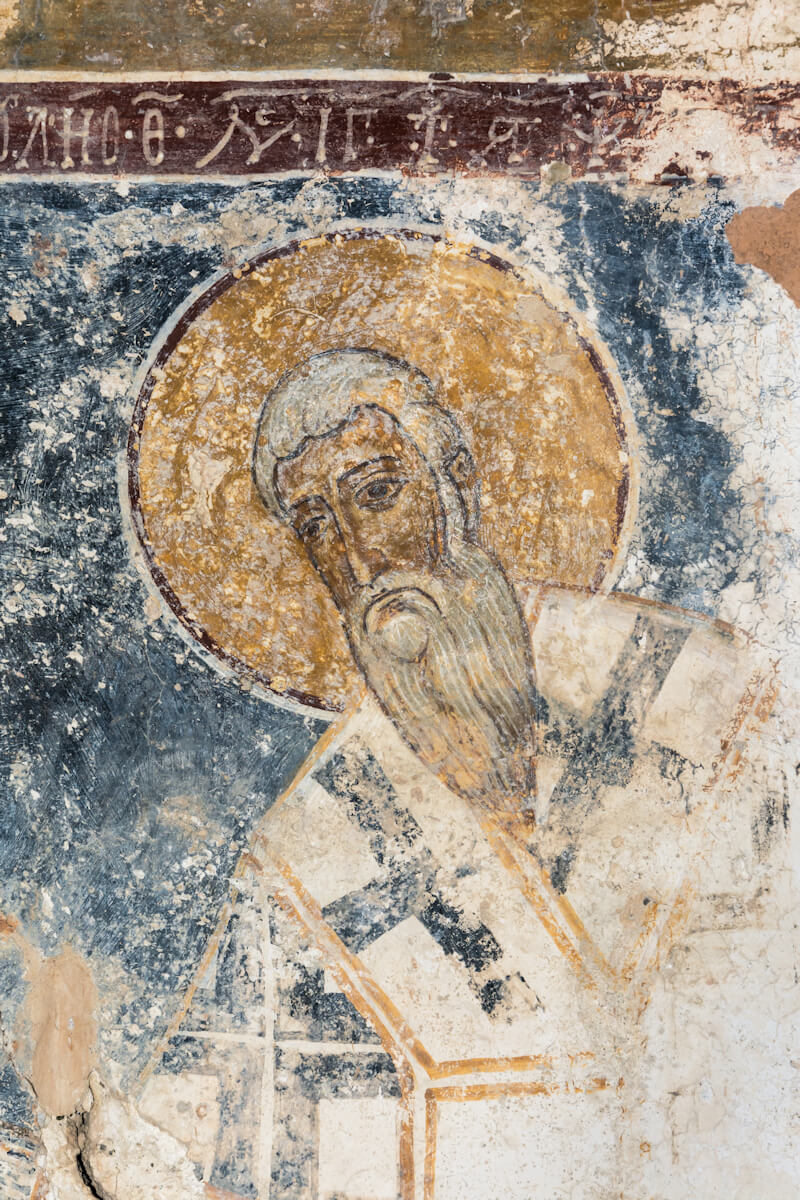Byzantinisches Fresko, 1225, in der Kirche Agia Anna bei Amári auf Kreta; deren Fresken sind die ältesten datierten Fresken Kreta