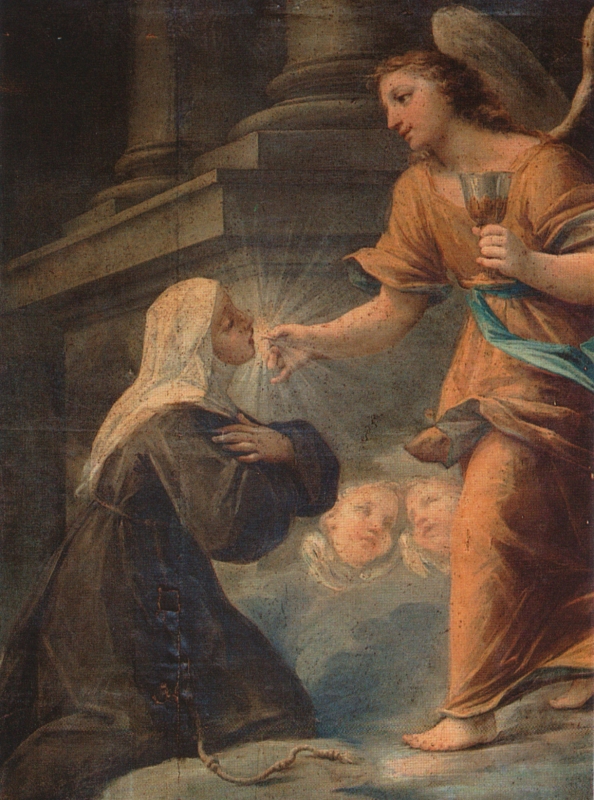 Angela erhält die himmlische Eucharistie, Bild, 17. Jahrhundert, in der Chiesa di San Giacomo in Foligno