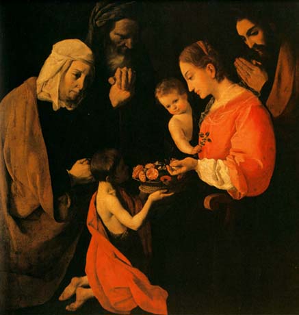 Francisco de Zurbarán: Anna und Joachim links, Maria und Joseph rechts, das Jesuskind in der Mitte erhält Rosen gebracht. Um 1655, Sammlung der Marqués de Perinat in Madrid