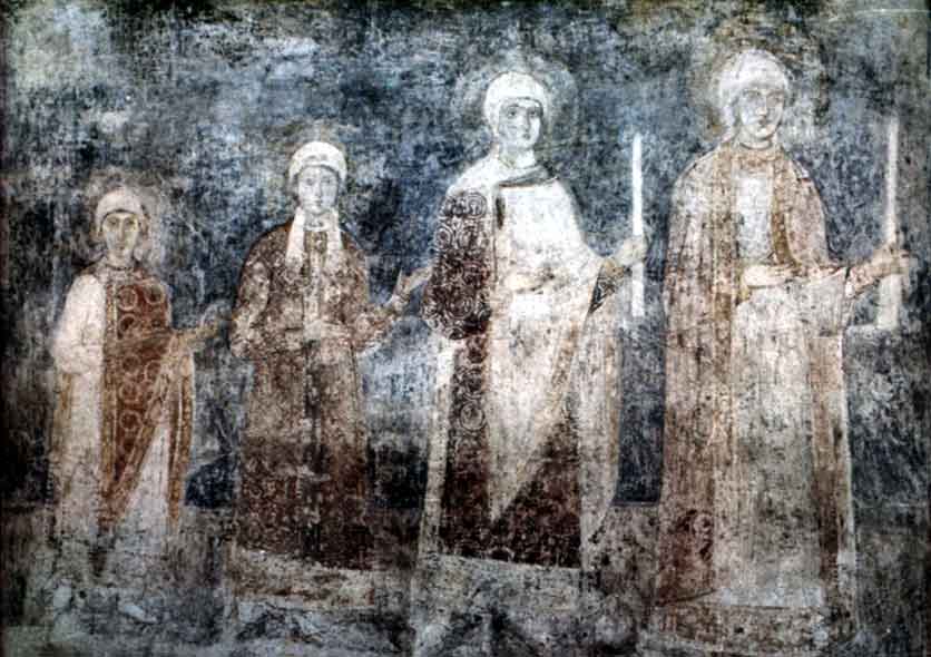 Fresko: Jaroslaw I.' Familie: Ingegerd / Anna (rechts) mit ihren Töchtern Elisabeth, später Frau des norwegischen Königs Harald III., Anastasia, später Frau des ungarischen Königs Andreas I., und Anna, später Frau des französischen Königs Heinrich I., um 1045, in der Sophienkathedrale in Weliki Nowgorod