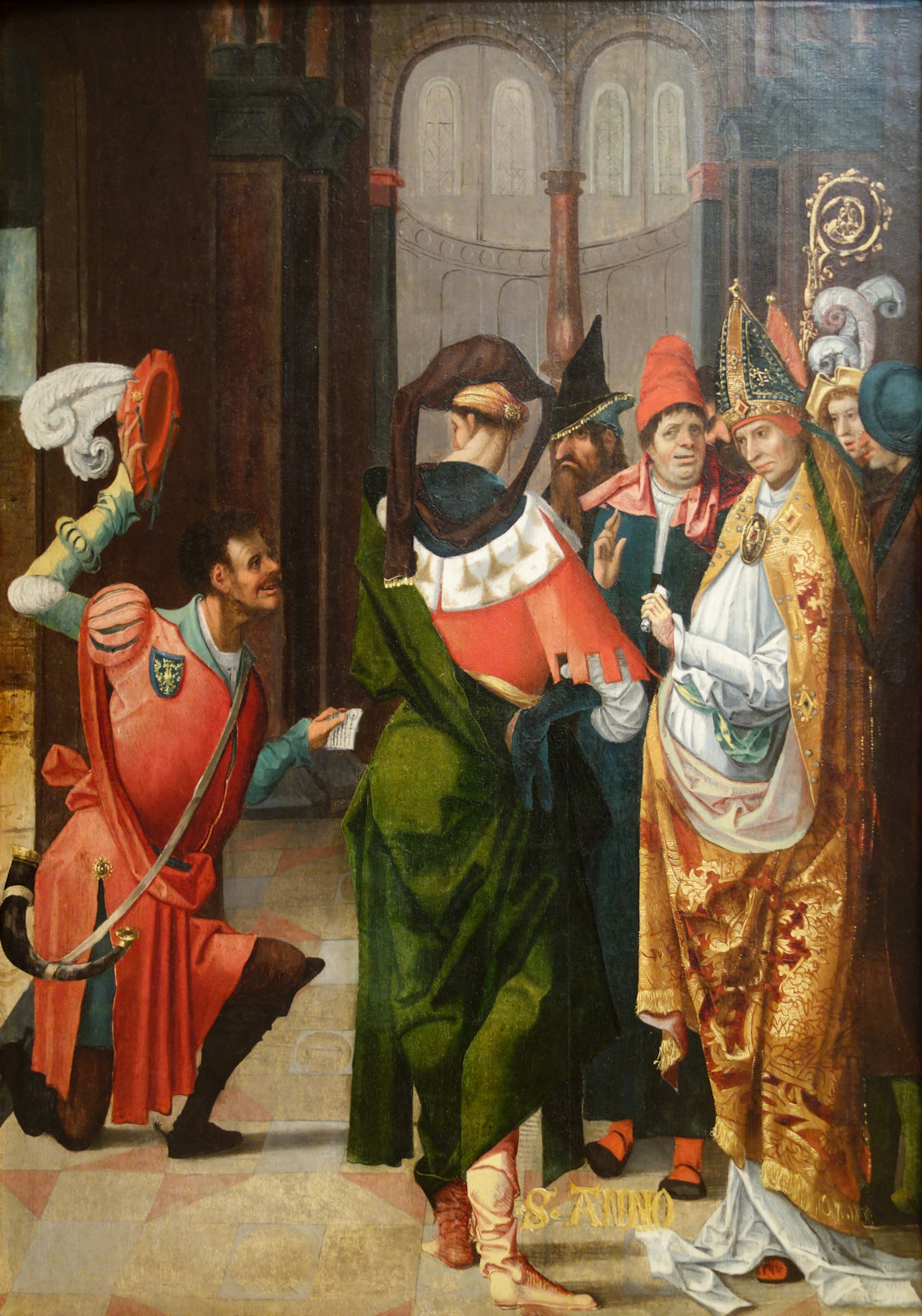 Meister des Agilolf- und Anno-Altars: Anno erhält den Siegberg zur Gründung des Klosters Siegburg, 1520, im Chazen Museum of Art in Madison in Wisconsin in den USA