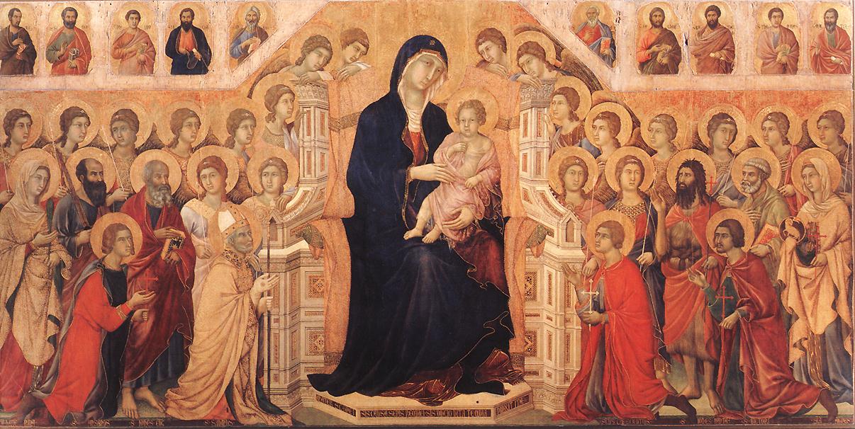 Duccio di Buoninsegna: Ansanus (links kniend im roten Mantel) mit Heiligen und Maria, um 310, im Dommuseum in Siena