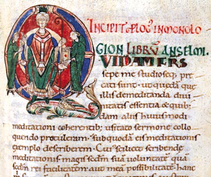 Hugo Pictor: Anselm im Pallium des Erzbischofs von Canterbury. Initiale aus dem 'Monologion', Schrifttum aus Jumièges, spätes 11. Jahrhundert, in der Bibliothèque Municipale in Rouen