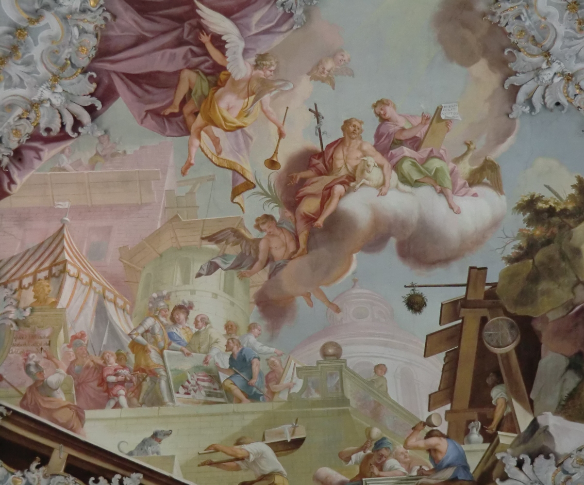 Johann Georg Bergmüller: Bau des Klosters; vor dem Zelt Herzog Welf VI. (links), sein Sohn Welt VII. (Mitte) und Abt Anselm (rechts); auf der Wolke die Schutzpatrone Johannes der Täufer (links) und Johannes der Evangelist (rechts), Deckenfresko, 1751, in der heutigen Pfarrkirche in Steingaden