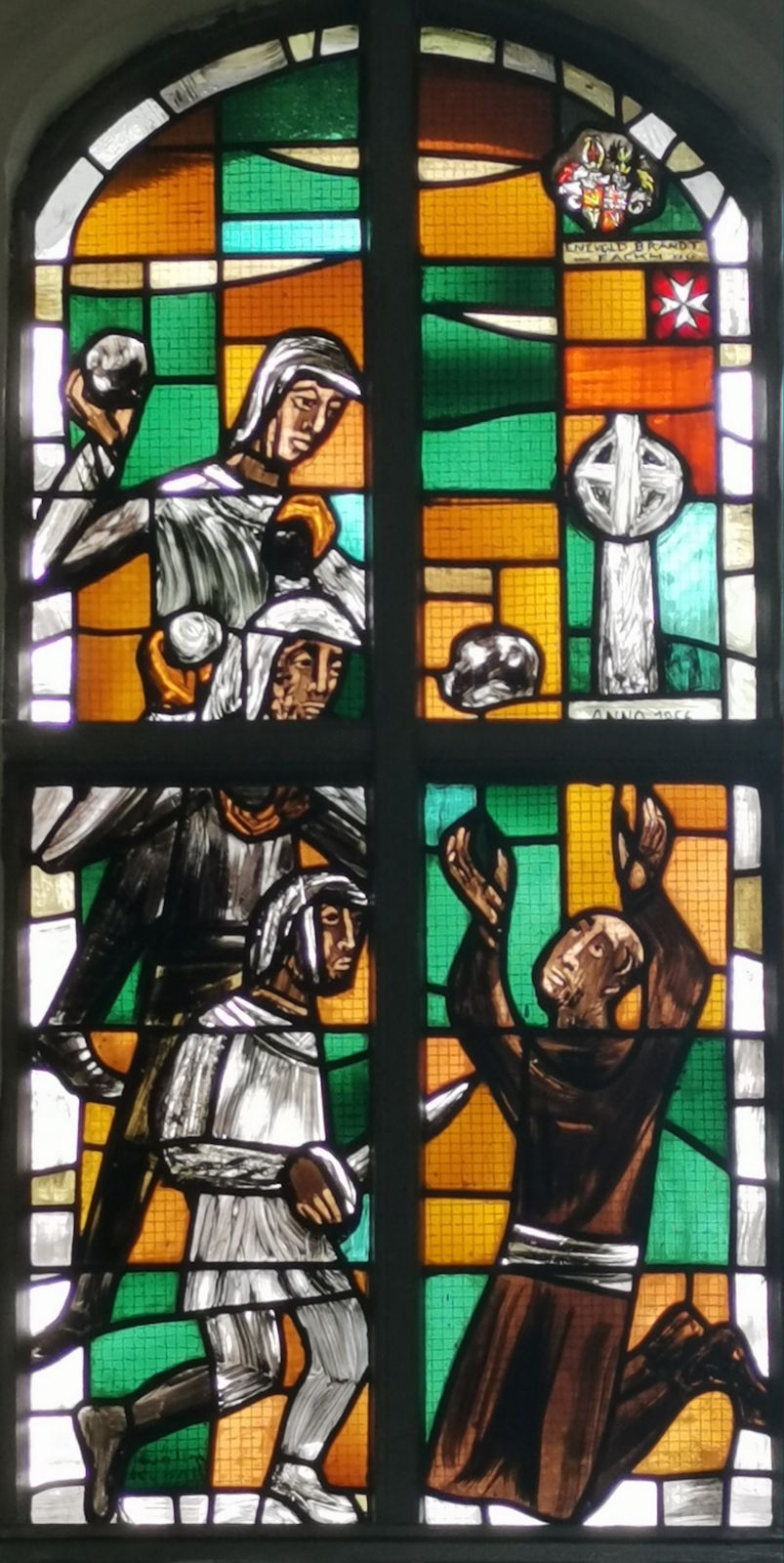 Claus Wallner: Answers Steinigung, Glasfenster, 1966, in der Kirche St. Georg auf dem Berge in Ratzeburg