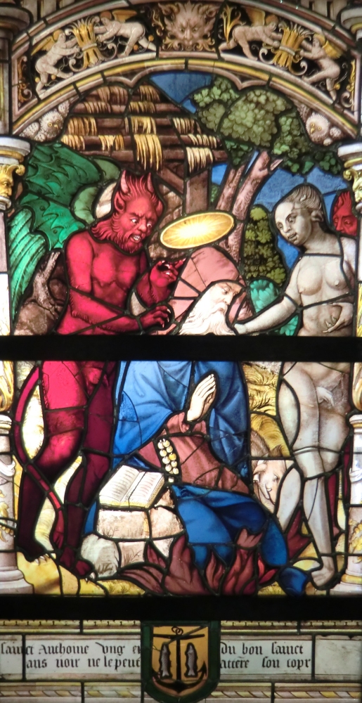 Glasfenster: Die Versuchung des Antonius, 16. Jahrhundert, im Museum in St-Antoine-l'Abbaye