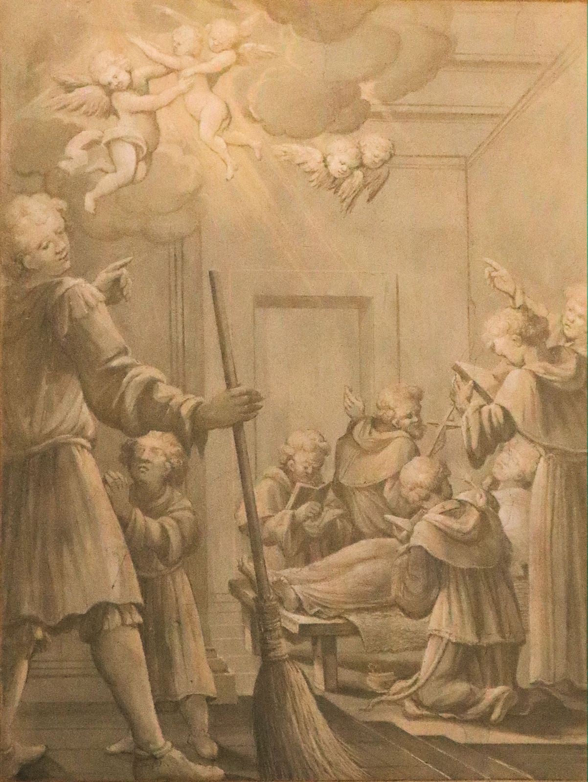 Antonius' Seele wird unmittelbar nach seinem Tod in den Himmel aufgenommen, Bild in der Kirche in Monticiano