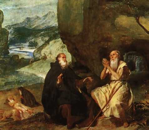 Diego Rodriguez de Silva y Velázquez: Antonius besucht den greisen Paulus von Theben; mit Hilfe von Löwen bestattet er ihn, wie in der linken Bildhälfte zu sehen; um 1635, Ausschnitt, im Nationalmuseum del Prado in Madrid