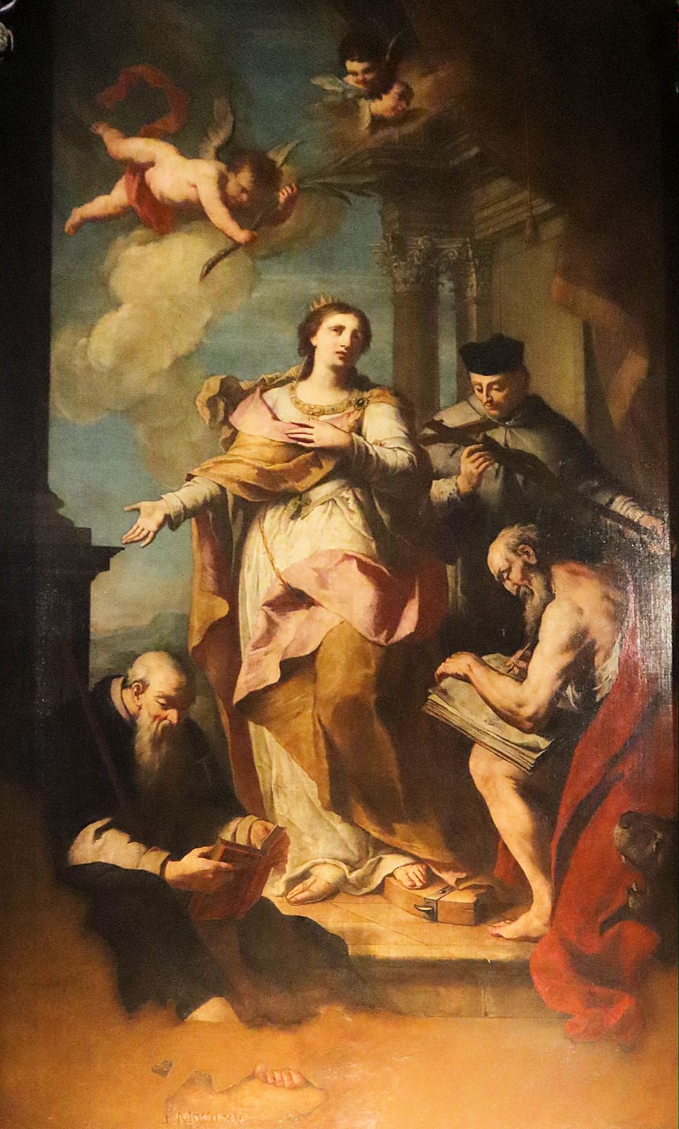Domenico Maggiotto: Antonius (links) mit Katharina von Alexandria, Johannes Nepomuk (rechts hinten) und Hieronymus (rechts vorne), Altarbild, um 1760, in der Kirche Santi Apostoli in Venedig