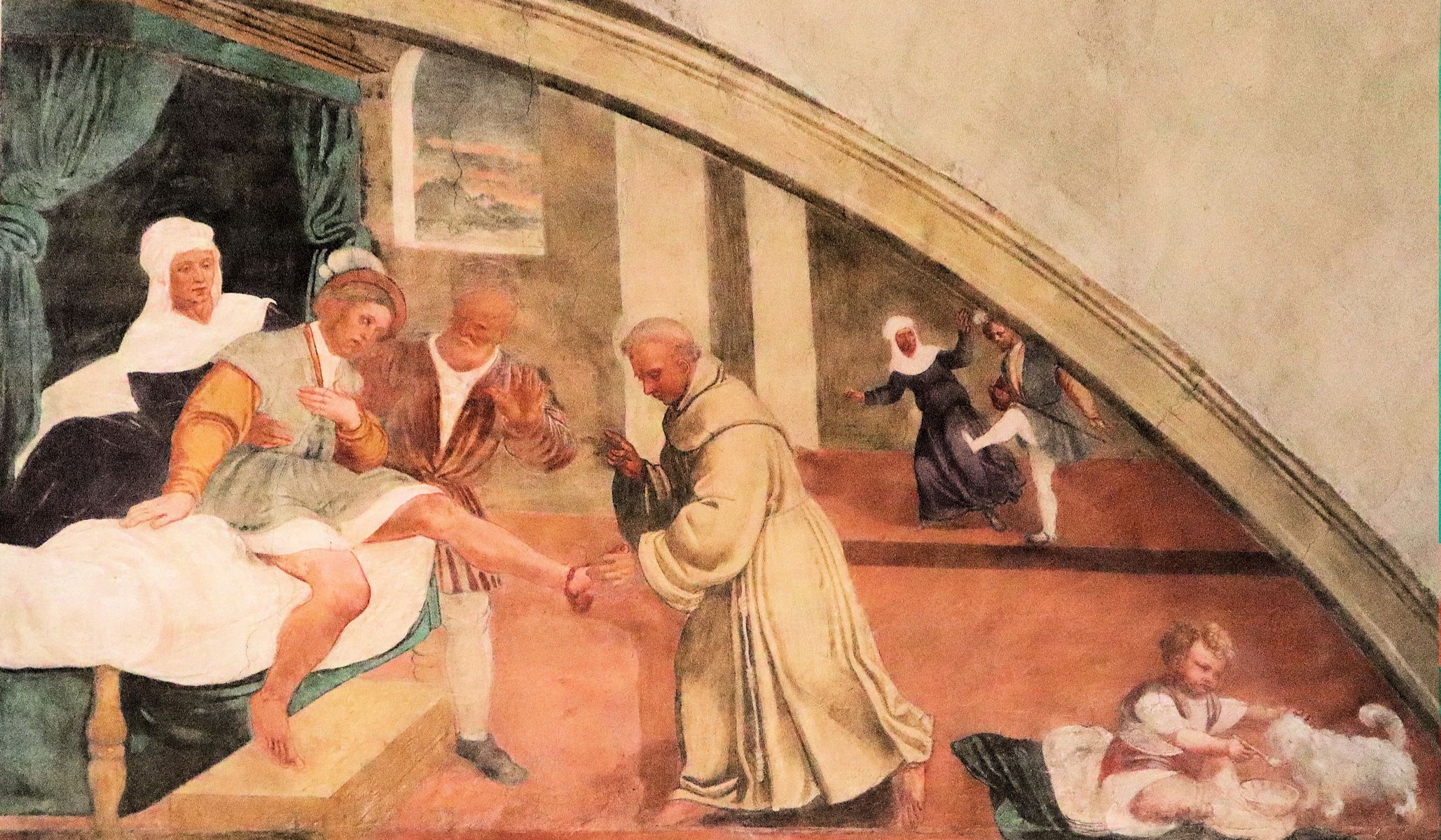 Girolamo Tessari: Antonius fügt dem jungen Bußfertigen sein Bein wieder an, Fresko, um 1336, im Sanktuarium del Noce in Camposampiero