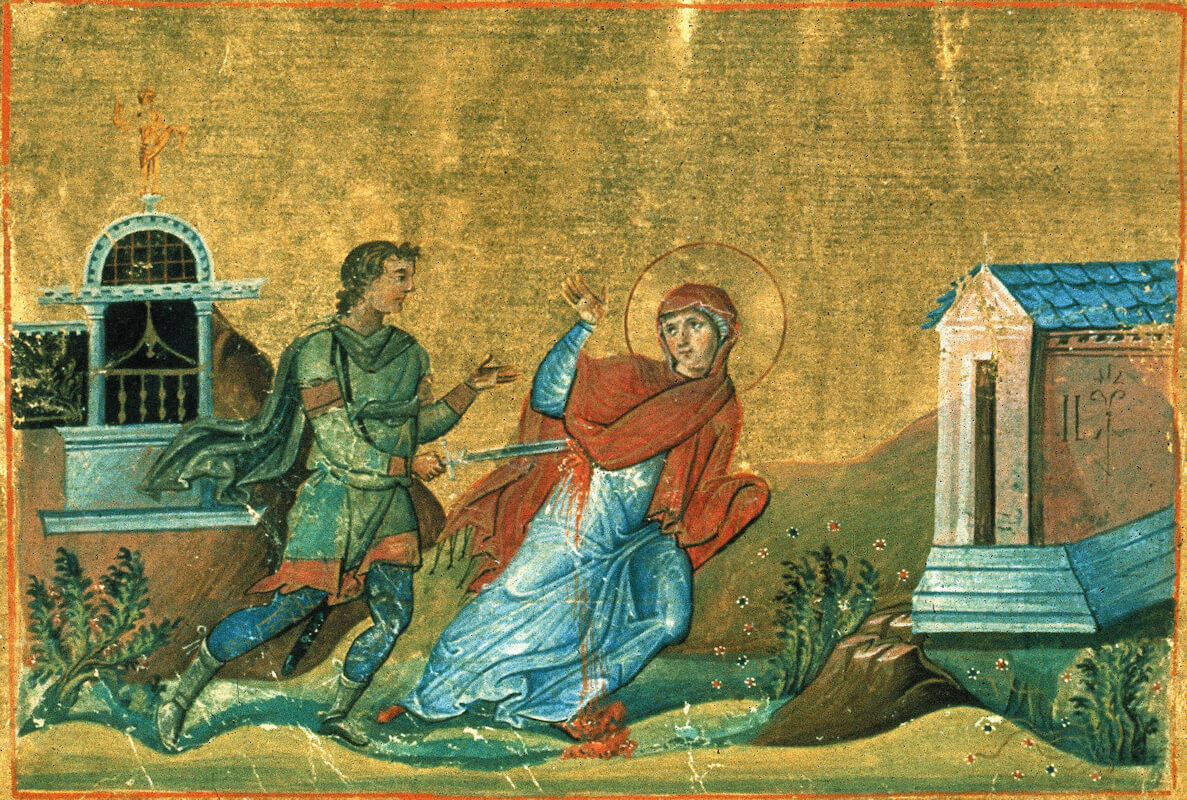 Anysias Martyrium, um 1000, aus dem Menologion von Basilius II., in der Vatikanischen Bibliothek in Rom