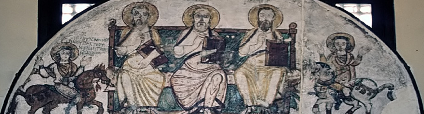 Apollo (Mitte) mit weiteren Heiligen, Freskos aus Apollos Kloster, heute im Koptischen Museum in Kairo