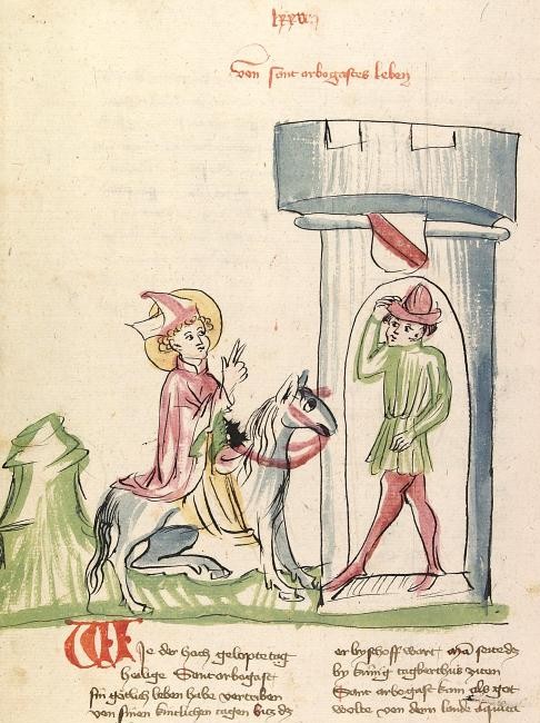 Elsässische Werkstatt von 1418: Arbogast zieht in Straßburg ein. Aus der „Elsässischen Legenda Aurea”, Straßburg, 1419, heute in der Universitätsbibliothek in Heidelberg