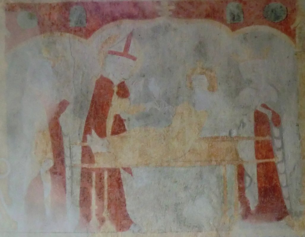 Wandmalerei: Arbogast erweckt Sigibert, 14. Jahrhundert, in der Arbogast-Kirche in Oberwinterthur