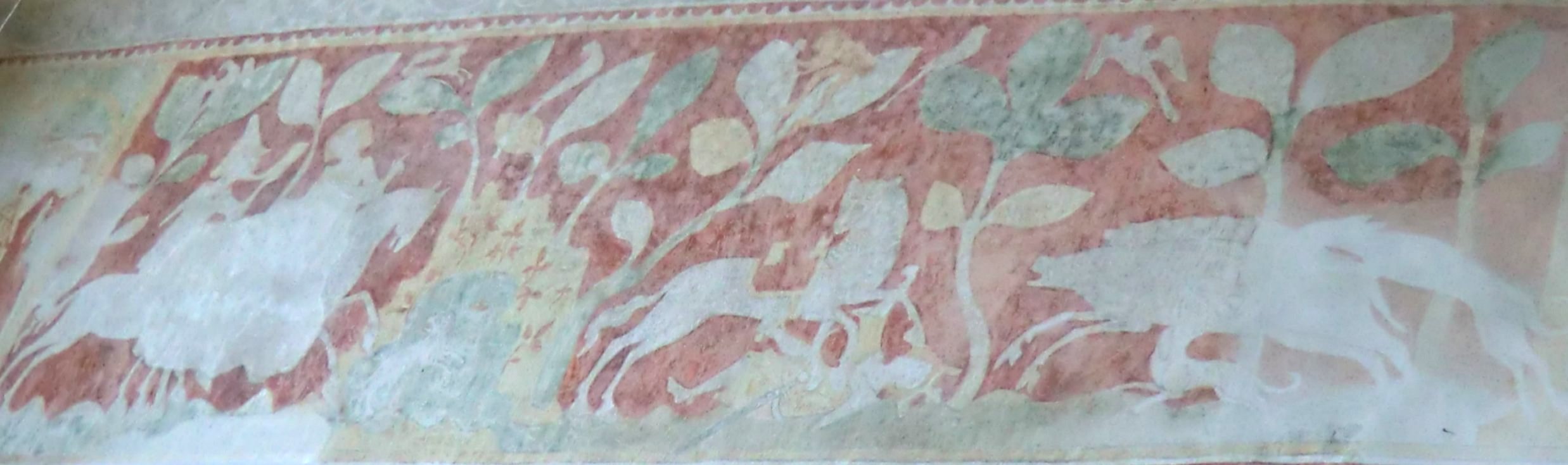 Wandmalerei: Der Jagdunfall von Sigibert, König Dagobert I.' Sohn, 14. Jahrhundert, in der Arbogast-Kirche in Oberwinterthur