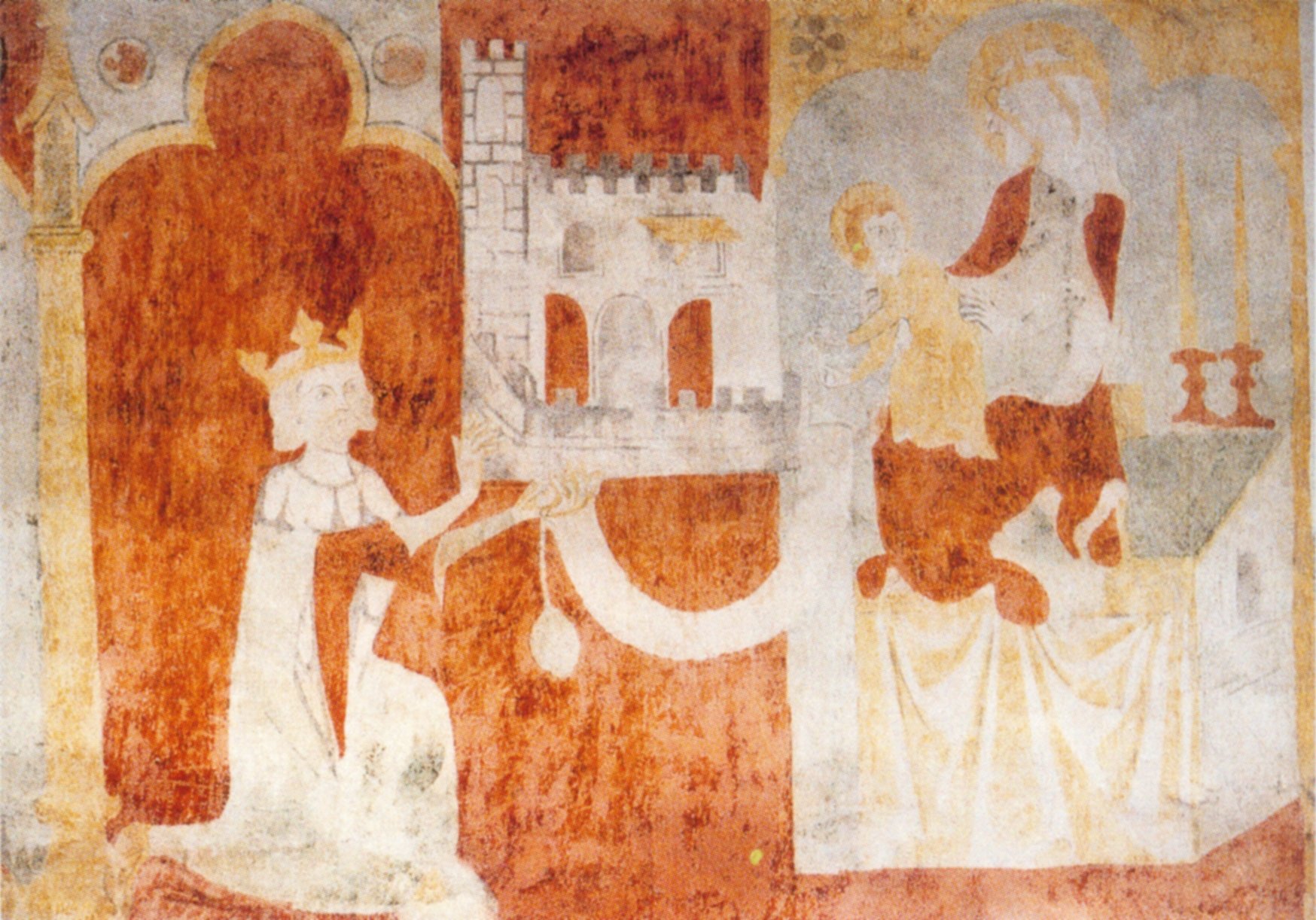 Wandmalerei: Arbogast erweckt Sigibert, den Sohn von König Dagobert I., 14. Jahrhundert, in der Arbogast-Kirche in Oberwinterthur