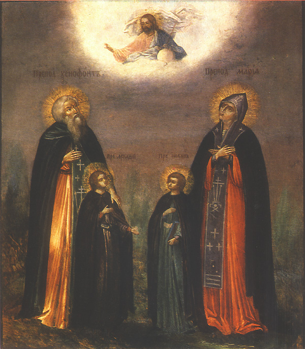 Russische Ikone: Xenophon, Arkadios, sein Bruder Johannes und ihre Mutter Maria