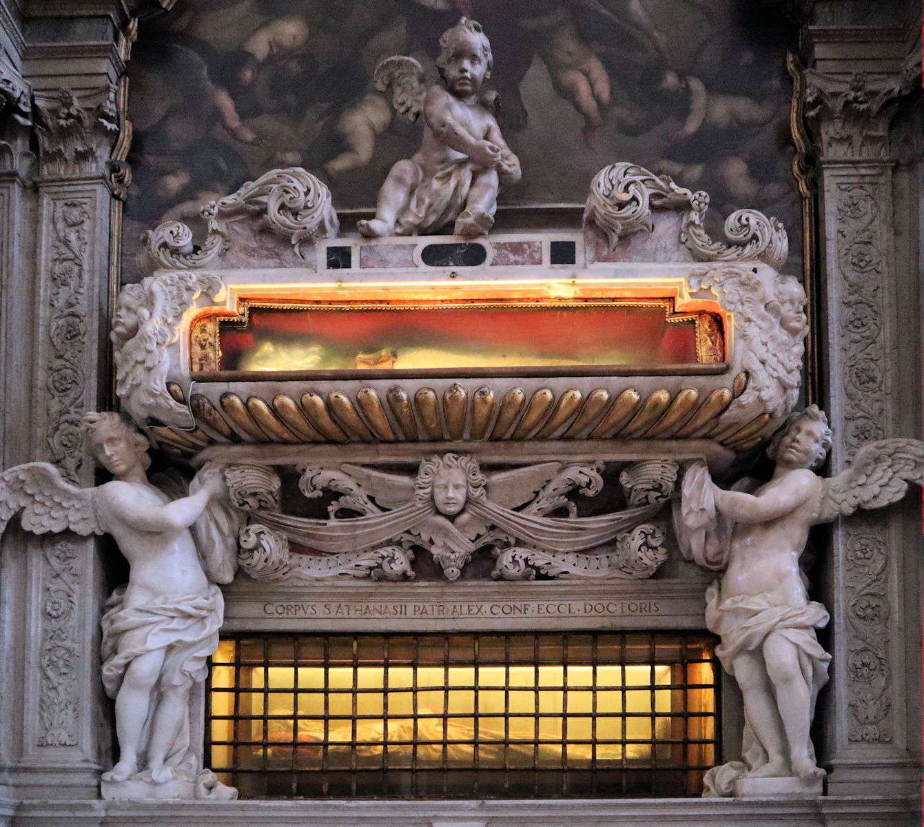 Altar, der früher unten die Gebeine von Athanasios und nun eine Liegefigur birgt und oben jene von Zacharias, 1599, in der Kirche San Zaccaria in Venedig