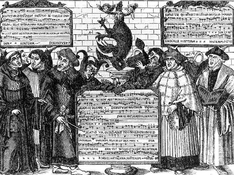 Protestantisches Spottblatt über das Interim, aus Magdeburg, um 1550: Selig ist der Mann/der Gott vertrauen kann/und willigt nicht ins Interim/denn es hat den Schalk hinter ihm.
