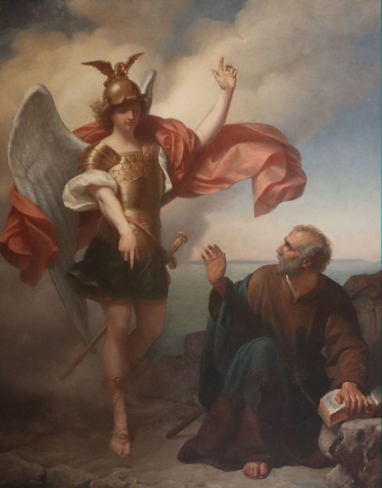 der Erzengel Michael erscheint Autbert auf der Insel Mont Tombe, Bild in der Kirche Saint-Gervais-et-Saint-Protais in Avranches