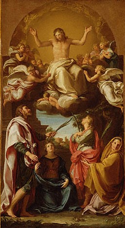 Pompeo Batoni: Der erhöhte Christus mit vier Heiligen: der Knabe Celsus, seine Mutter Marcionilla, Julian und Basilissa, 1736 - 1738, im Getty-Center in Los Angeles